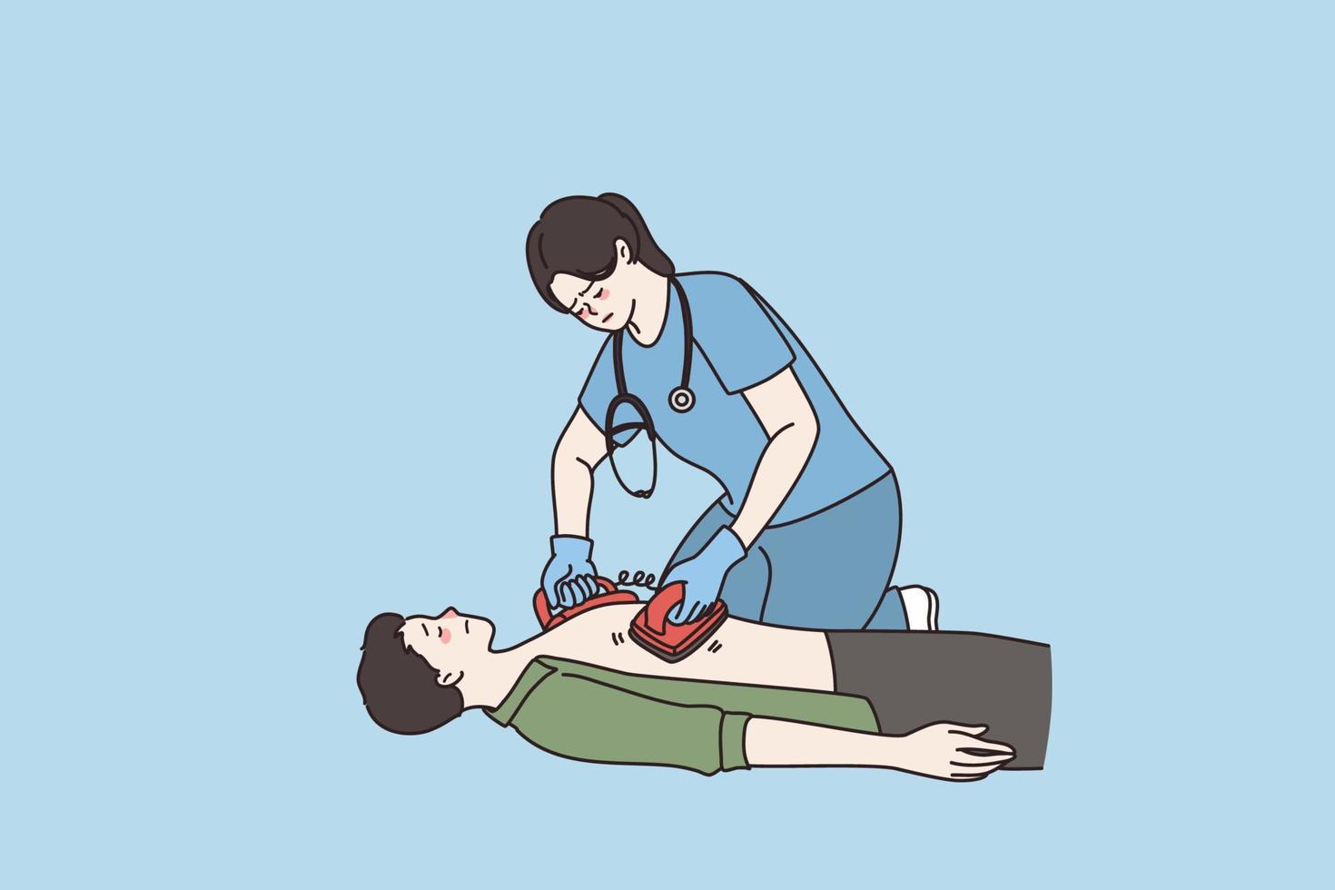 kvinna sjuksköterska använda sig av defibrillator för hjärt- gripa av man patient lida från hjärta ge sig på. kvinna läkare först hjälpa återupplivning. livräddning, ambulans, nödsituation service. platt vektor illustration.