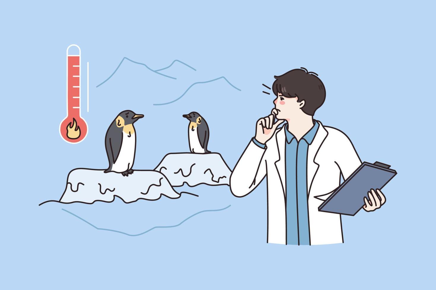 vetenskap och norr livsmiljö begrepp. ung man forskare stående och framställning forskning av pingviner liv i norr under global uppvärmningen vektor illustration