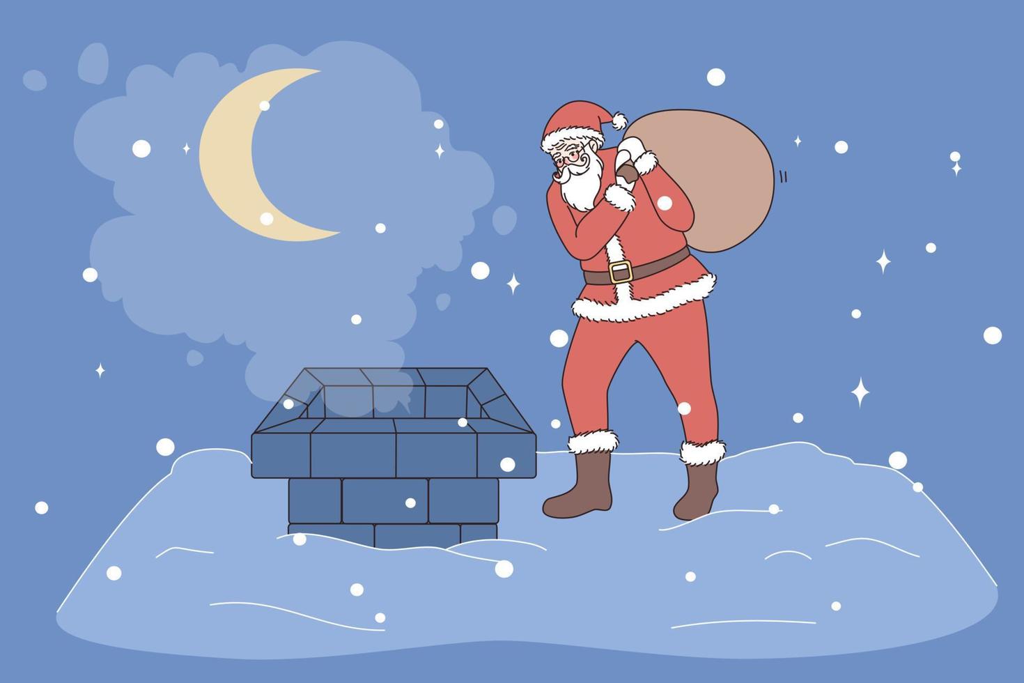 santa claus i röd festlig kostym med väska av presenterar hoppa i skorsten på hus tak. far jul gratulera med vinter- högtider med gåvor. ny år firande. vektor illustration.