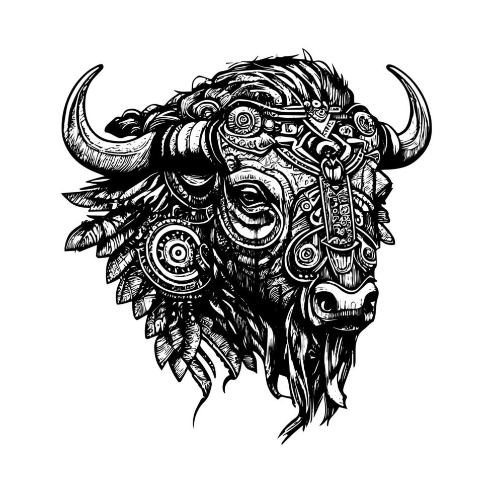 steampunk tjur bison buffel logotyp är en unik och fängslande representation av kraft och innovation. den skördetröskor element av de vild väst och trogen teknologi vektor