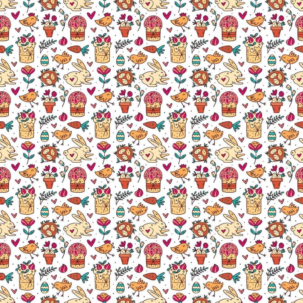 Nahtloses Muster, Textur, Hintergrund des Osterfeiertags. Kaninchen, Kuchen, Muffins, Kräuter, Eier, Nest, Blumen und Herzen. Kinderverpackungsdesign, Papier. vektor