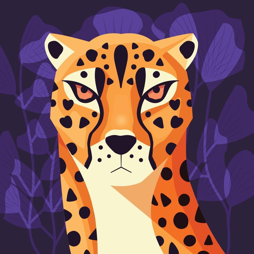 buntes Porträt des schönen Geparden auf lila Hintergrund. handgezeichnetes wildes Tier. große Katze. vektor