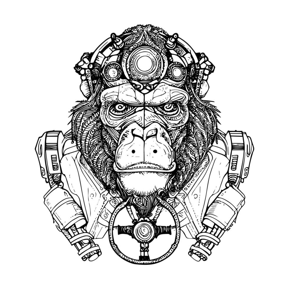 steampunk gorilla, våldsam och stark, Utsmyckad med mässing kugghjul och rör. en mekanisk förundras i en värld av uppfinning vektor