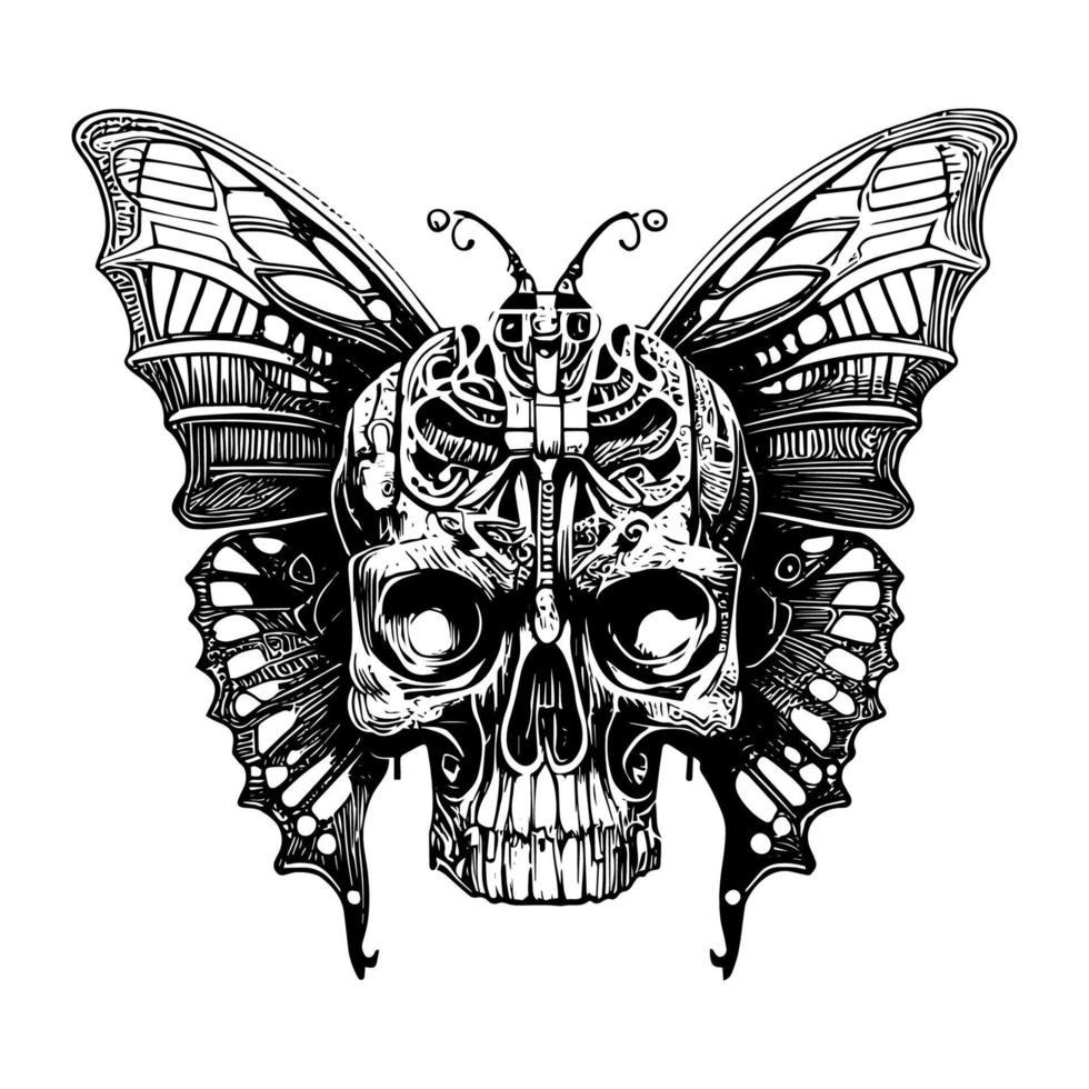 skalle i fjäril kropp är en allmänning design element i mörk eller gotik konst. den symboliserar de skönhet och bräcklighet av liv och död vektor