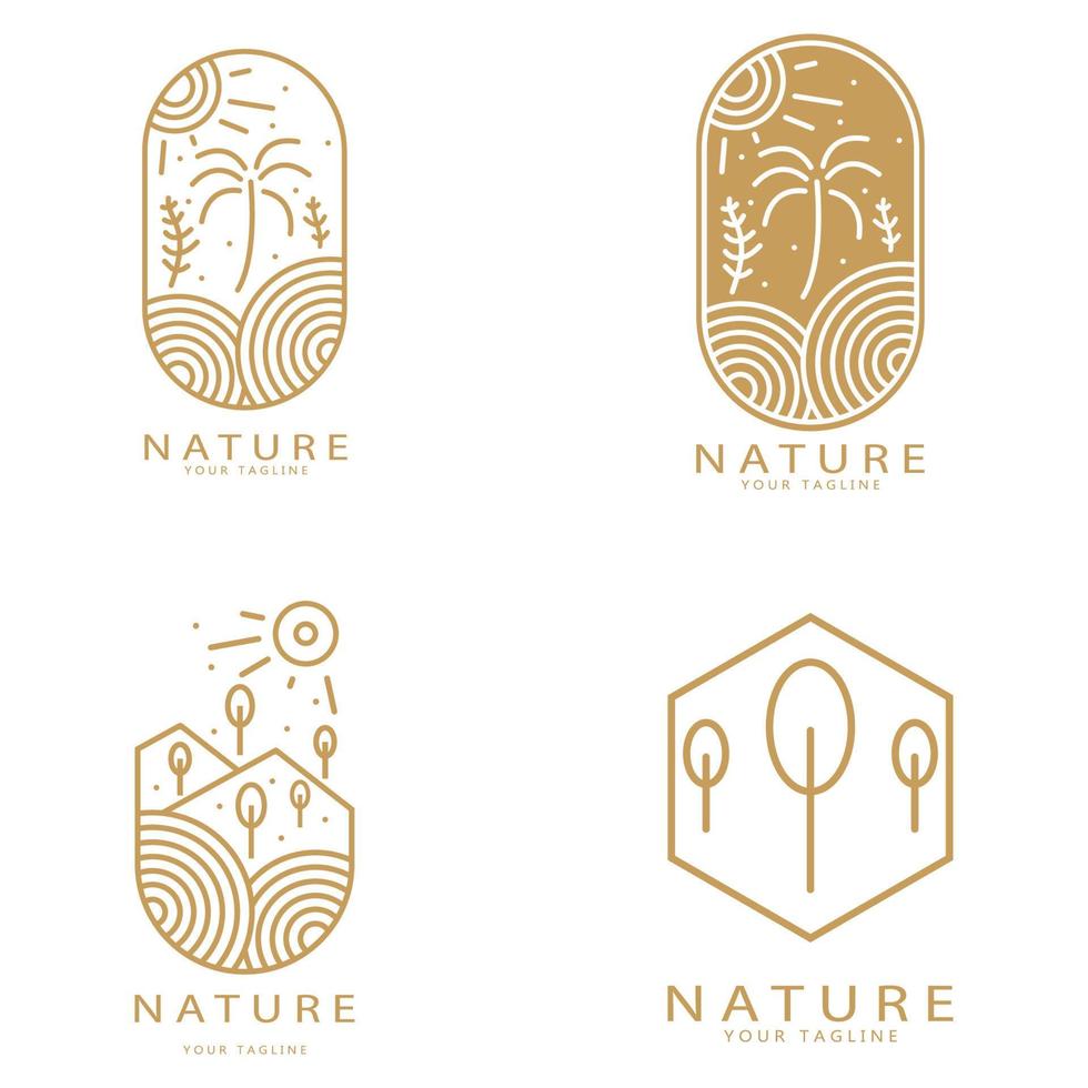 Natur Vektor Logo. mit Bäume, Flüsse, Meere, Berge, Geschäft Embleme, Reise Abzeichen, ,ökologisch Gesundheit
