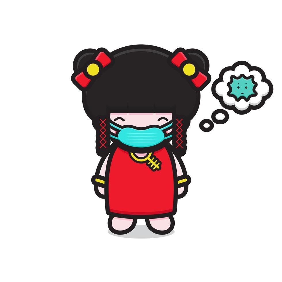 söt kinesisk tjej karaktär bär mask från virus vektor