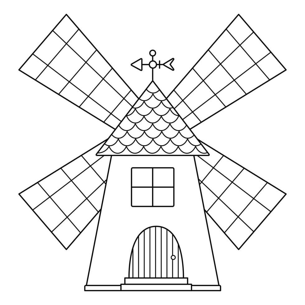 Vektor schwarz und Weiß Windmühle Symbol isoliert auf Weiß Hintergrund. Linie Wind Mühle Illustration. süß Gliederung Bauernhof Haus zum Mahlen Getreide. ländlich Garten Nebengebäude Bild oder Färbung Seite