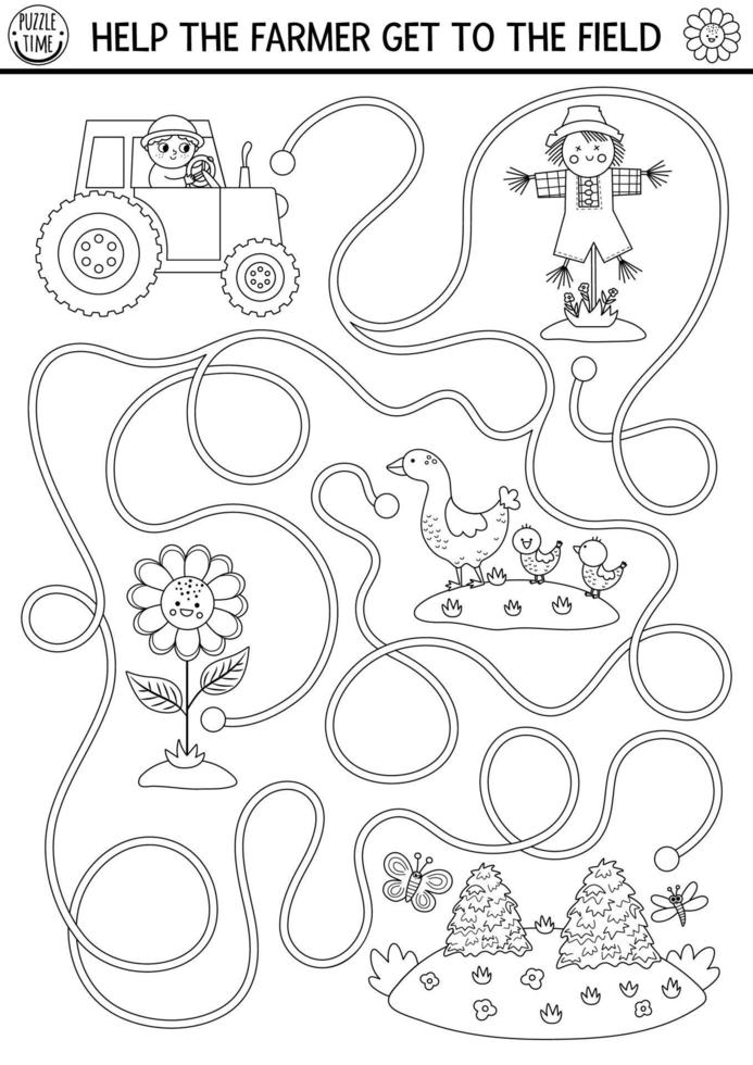 svart och vit bruka labyrint för barn med söt traktor, fågelskrämma, solros. Land sida linje förskola tryckbar aktivitet. labyrint färg spel eller pussel. hjälp de jordbrukare skaffa sig till de fält vektor