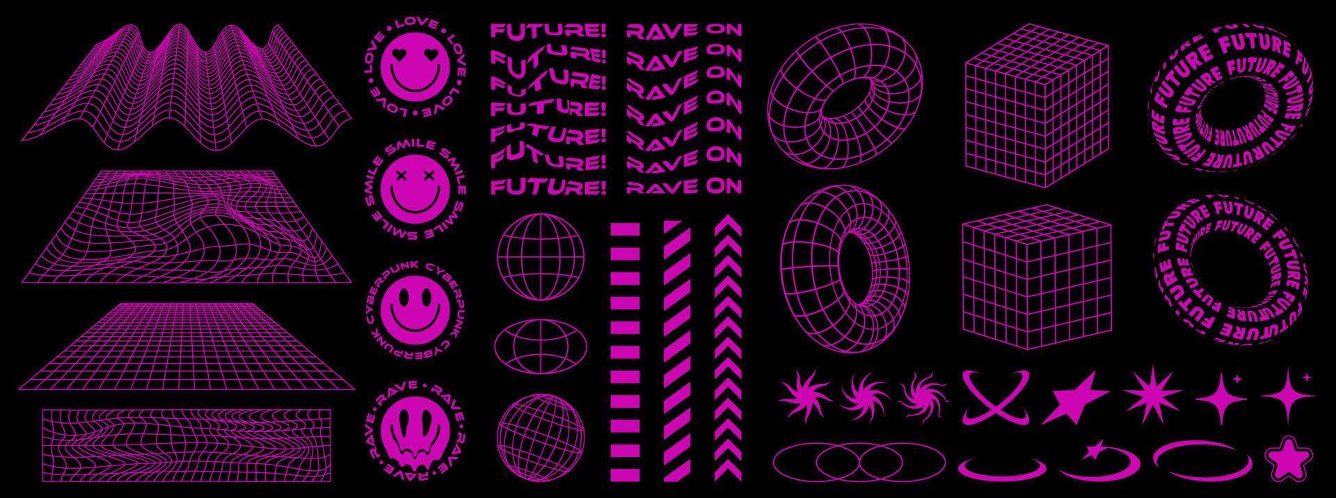 Rave psychedelisch retro futuristisch einstellen im y2k-00s Stil. surreal geometrisch Formen, abstrakt Hintergründe und Muster, Drahtgitter, Cyberpunk Elemente und Perspektive Gitter. Vektor Elemente und Aufkleber.