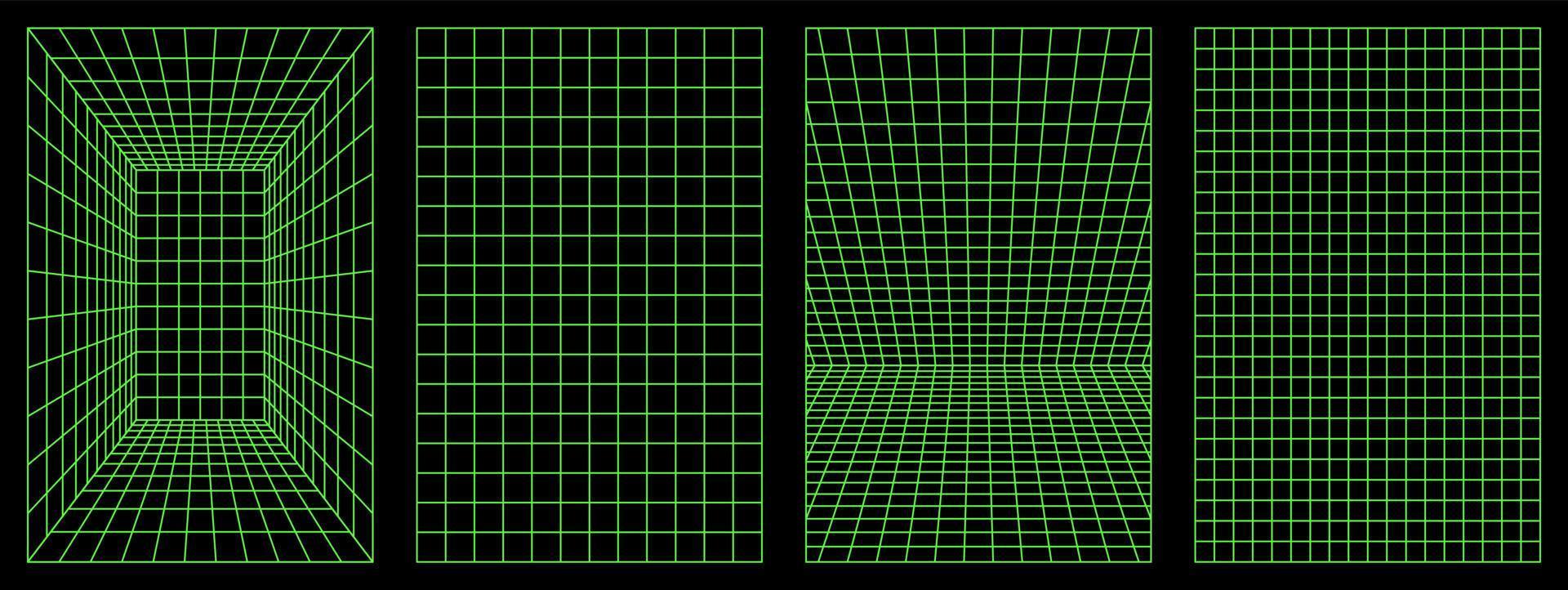 verzerrt Vertikale Neon- Gitter Satz. Retrowelle, Synthesizer, Rave, Dampfwelle. Grün Farbe Neon. modisch retro 1980er, 90er, 2000er Stil. drucken, Poster, Banner. vektor