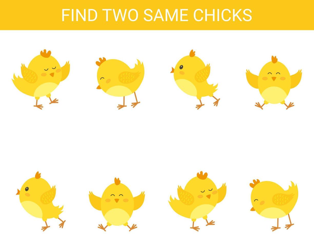 hitta två samma kycklingar. spel för barn. utveckling spel. vektor illustration.