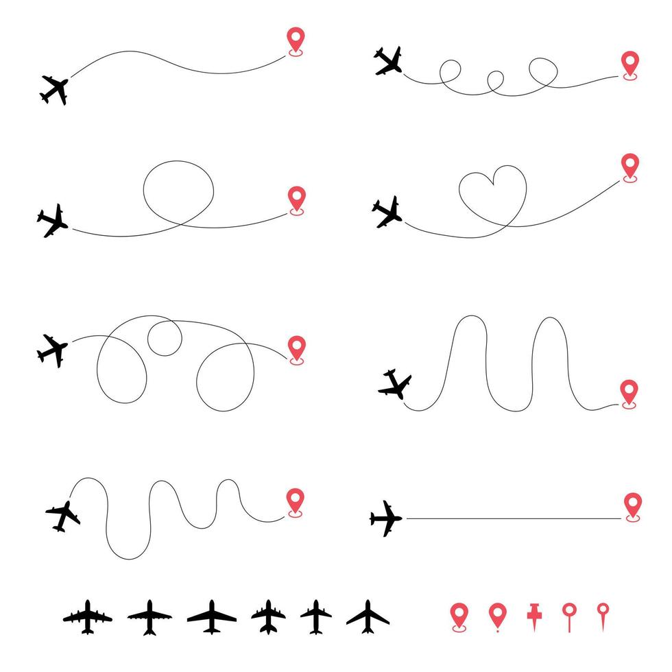 Flugzeug Reise Pfad Symbole Satz. ausziehen, starten, abheben, losfahren und Landung von das Flugzeug. Vektor Illustration.