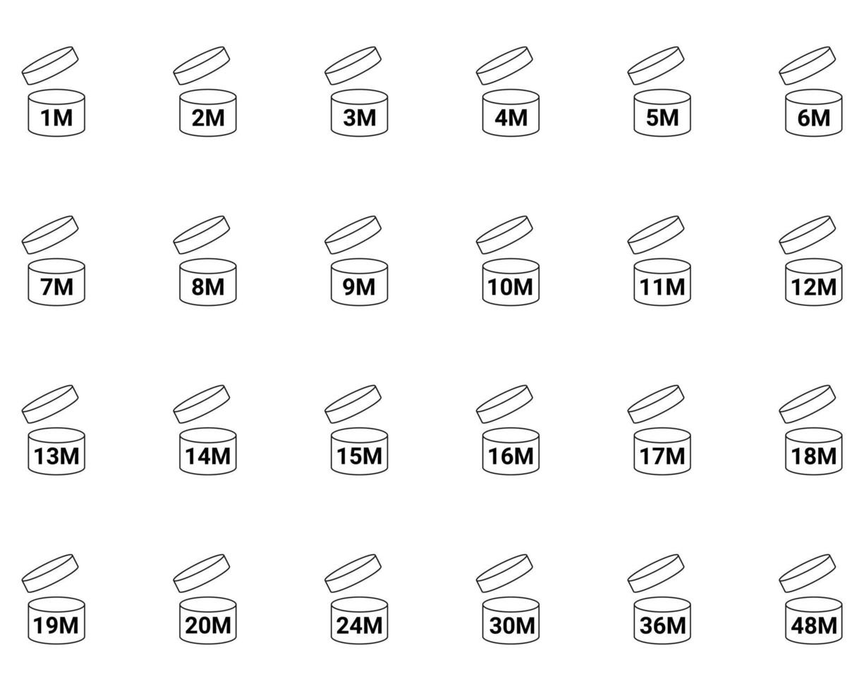 pao utgång datum ikoner uppsättning. produkt utgång datum 3m, 6m, 12m, 24m, 36m , 48m månad . vektor illustration.