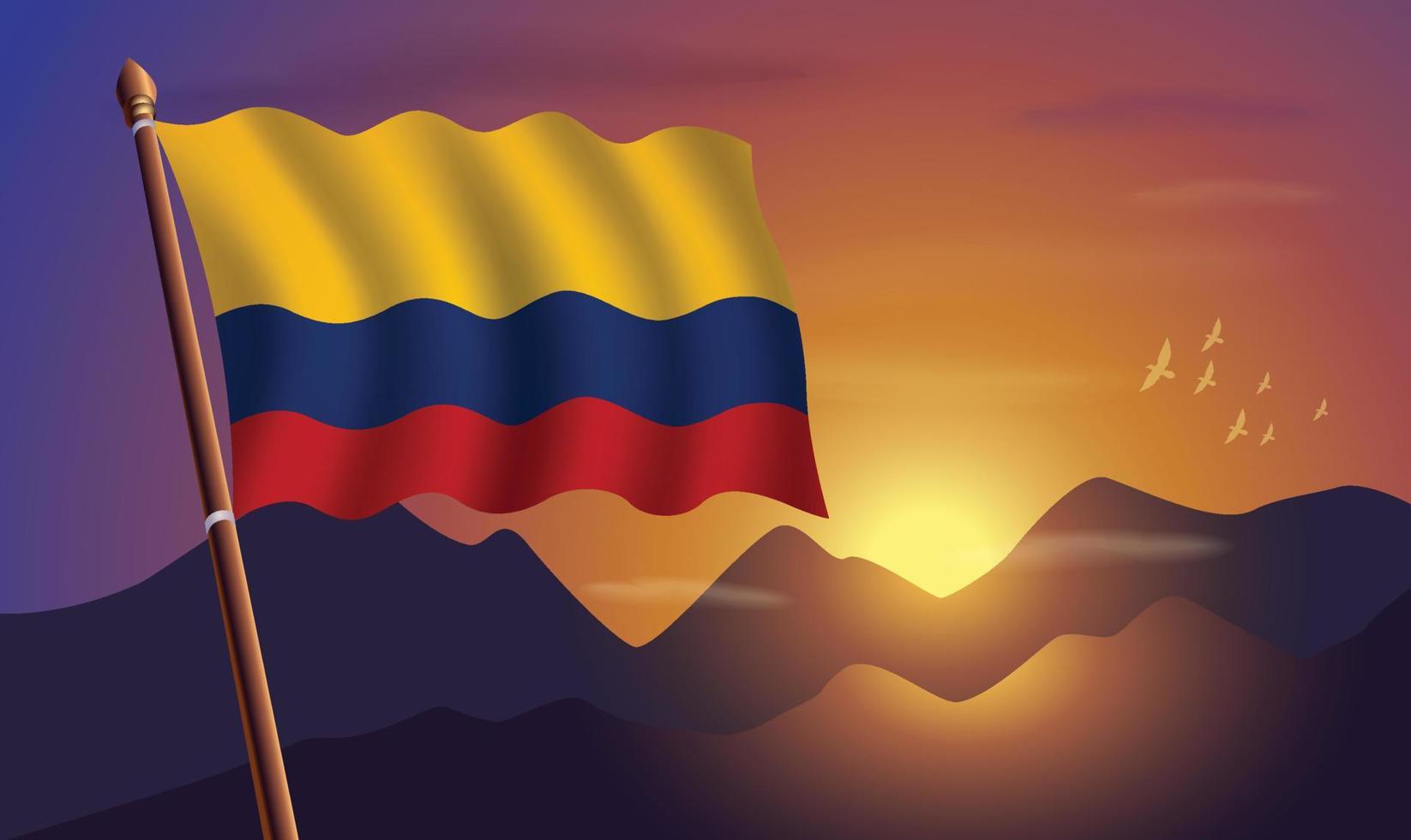 Kolumbien Flagge mit Berge und Sonnenuntergang im das Hintergrund vektor