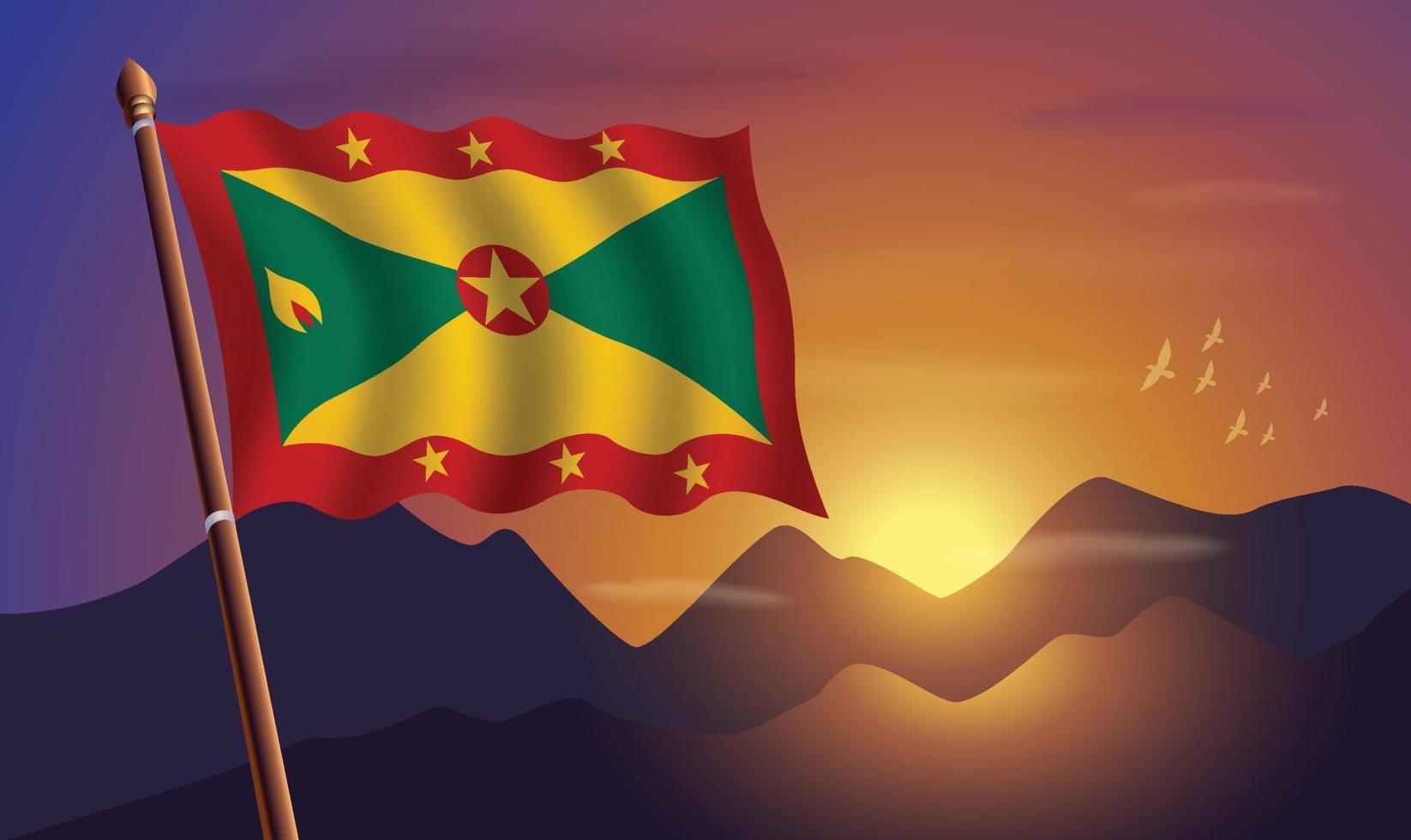 Grenada Flagge mit Berge und Sonnenuntergang im das Hintergrund vektor