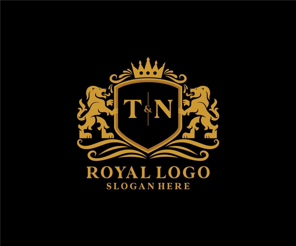 Initial tn Letter Lion Royal Luxury Logo Vorlage in Vektorgrafiken für Restaurant, Lizenzgebühren, Boutique, Café, Hotel, Heraldik, Schmuck, Mode und andere Vektorillustrationen. vektor