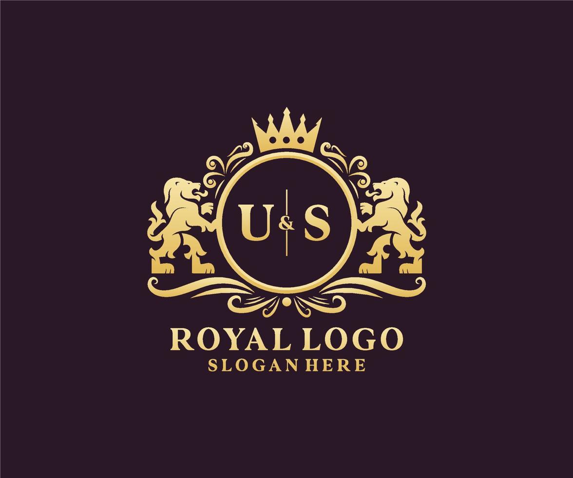 första oss brev lejon kunglig lyx logotyp mall i vektor konst för restaurang, kungligheter, boutique, Kafé, hotell, heraldisk, Smycken, mode och Övrig vektor illustration.
