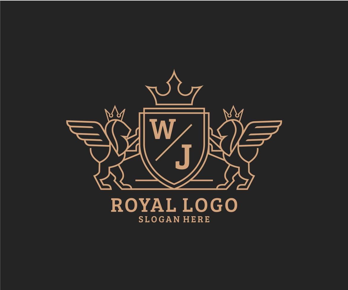 första wj brev lejon kunglig lyx heraldisk, vapen logotyp mall i vektor konst för restaurang, kungligheter, boutique, Kafé, hotell, heraldisk, Smycken, mode och Övrig vektor illustration.