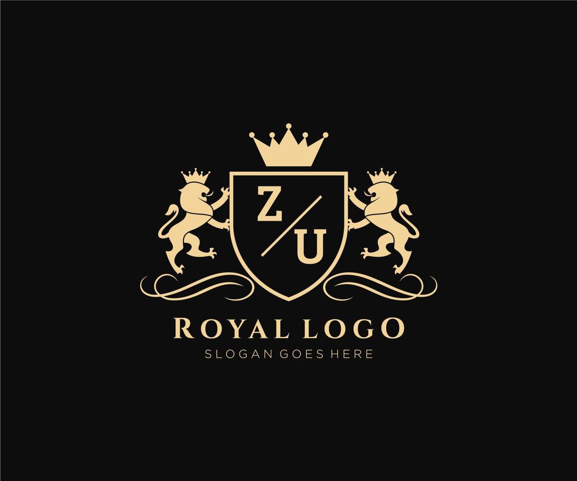 första zu brev lejon kunglig lyx heraldisk, vapen logotyp mall i vektor konst för restaurang, kungligheter, boutique, Kafé, hotell, heraldisk, Smycken, mode och Övrig vektor illustration.