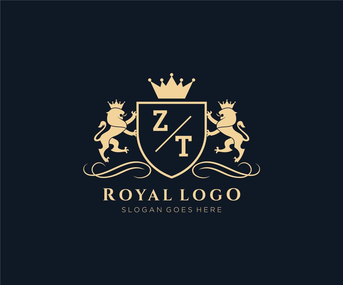 första zt brev lejon kunglig lyx heraldisk, vapen logotyp mall i vektor konst för restaurang, kungligheter, boutique, Kafé, hotell, heraldisk, Smycken, mode och Övrig vektor illustration.
