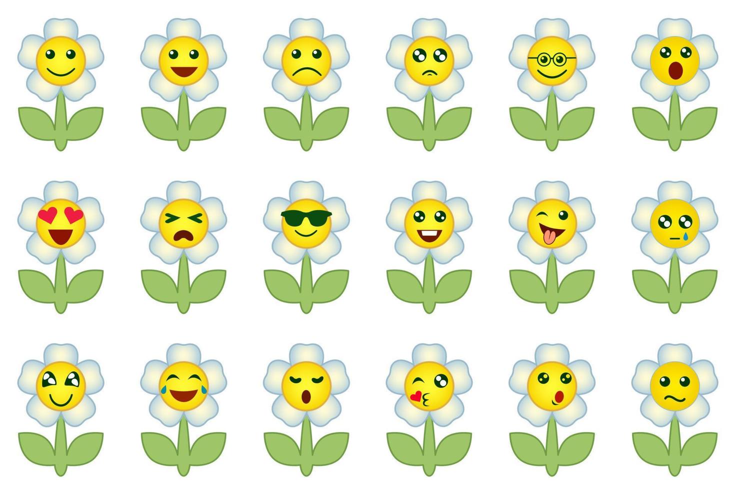 Blume Emoticons Satz. Gruppe von komisch Blumen, Karikatur Abbildungen mit anders Emotion, Glücklich, traurig, Lachen und Weinen. vektor