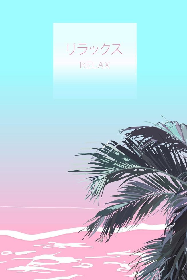 vektor av palmblad vaporwave platt stil. söt pastellstrand. med plats för text. nostalgisk känsla estetisk känsla