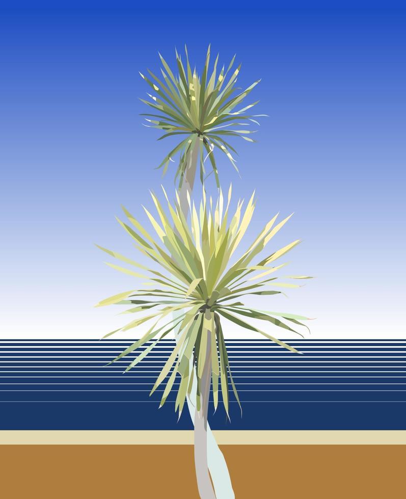 flache Art des Vektors der exotischen Dracaena-Bäume unter sonnigem Tag auf Retro-Strandhintergrund vektor