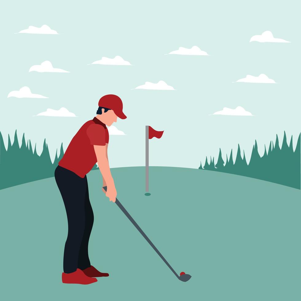 vektor illustrationer - man Träning golf på de solig dag - platt tecknad serie stil