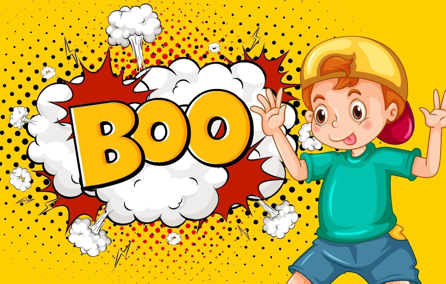 boo word på explosion bakgrund med pojke seriefigur vektor