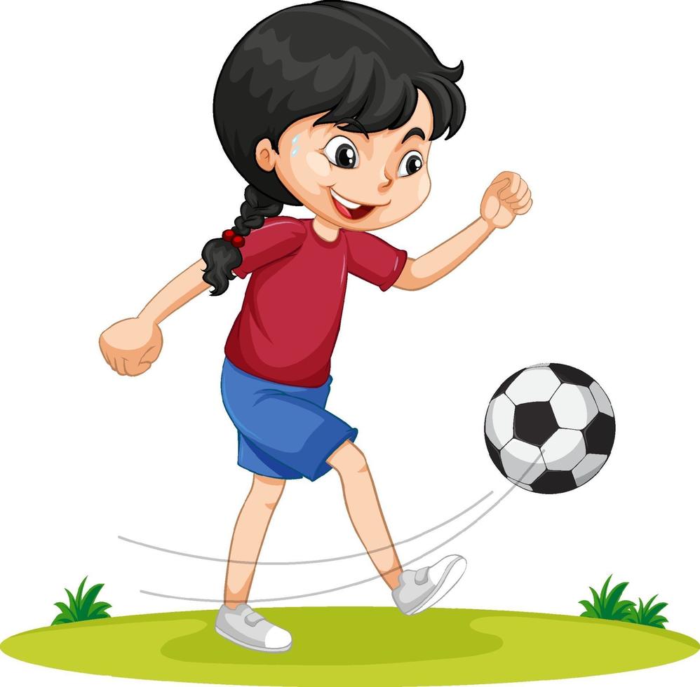 söt tjej som spelar fotbollstecknad karaktär isolerad vektor