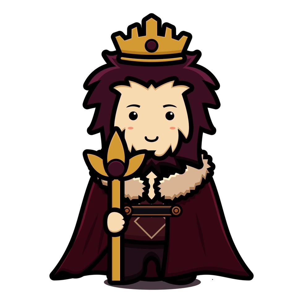niedlicher König Maskottchencharakter tragen Umhang und Krone und halten goldene Stabkarikaturvektorikonenillustration vektor