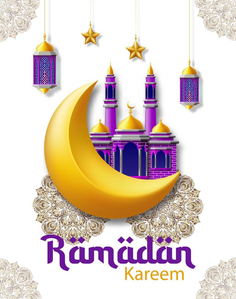 Ramadan karem. Halbmond Mond Ornament, Moschee, Laterne und Blumen- Mandala isoliert auf Weiß Hintergrund. Ramadan kareem Gruß Karte. islamisch Feier Hintergrund. Vektor Illustration