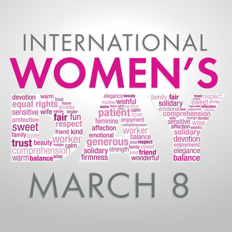 internationell kvinnors dag titel med en ord moln formning de ord dag i rosa och violett färger på vit bakgrund vektor