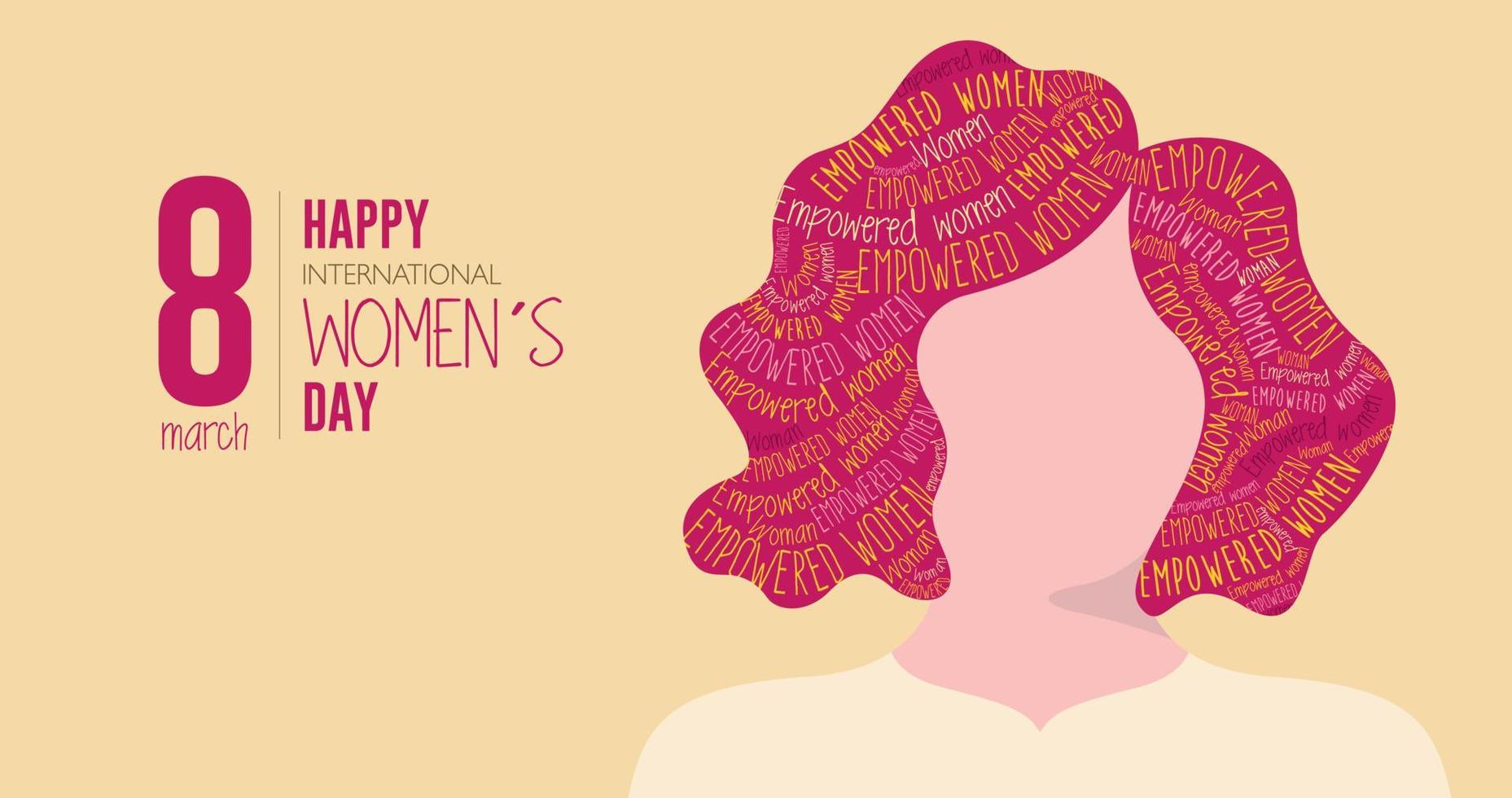 Lycklig internationell kvinnor s dag. silhuett av kvinna med röd hår fylld med de ord bemyndigad kvinna på gul bakgrund. vektor bild