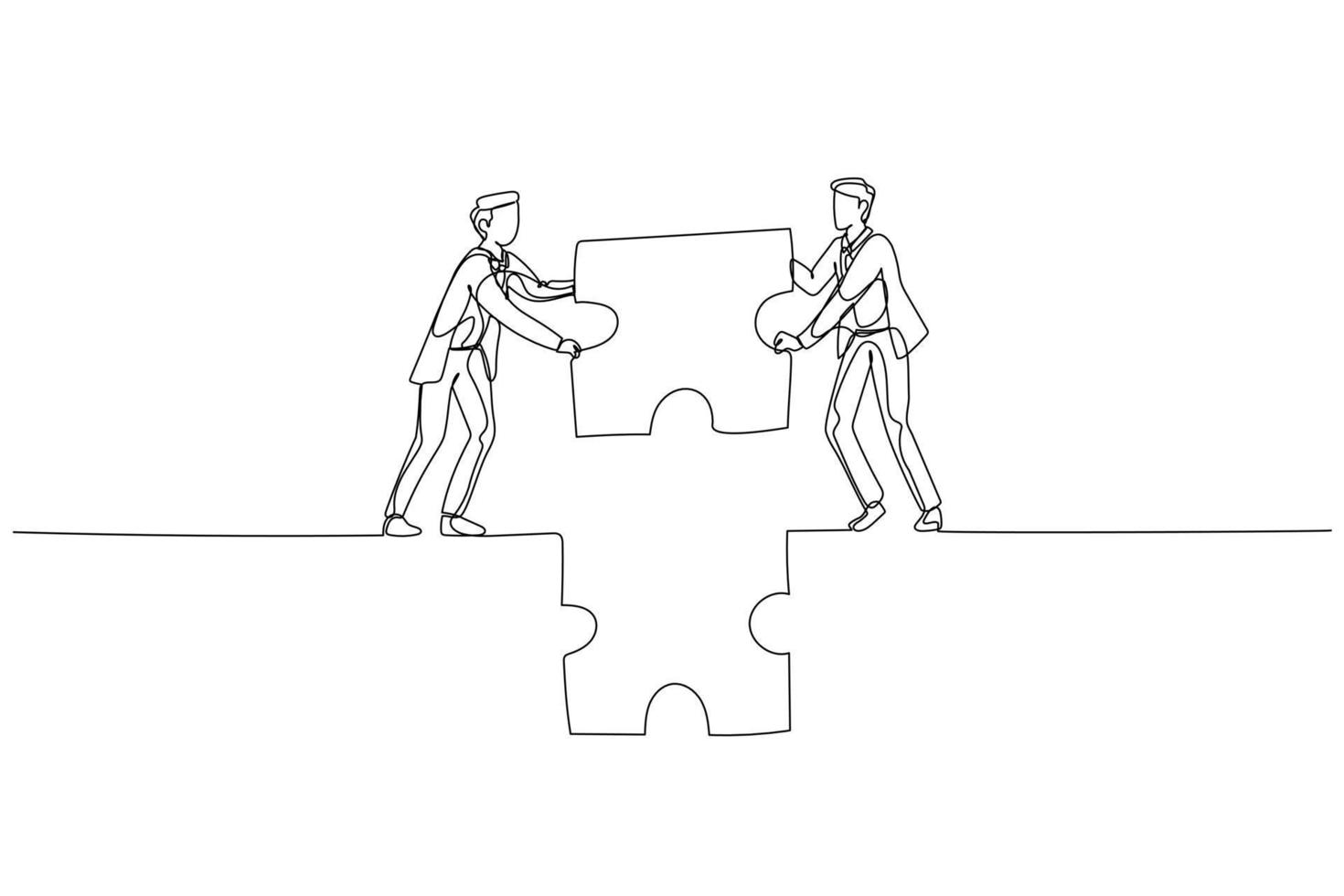 Illustration von Geschäftsmann und Partner halt Puzzle und Versuchen zu machen Brücke. Konzept von Zusammenarbeit. Single kontinuierlich Linie Kunst Stil vektor