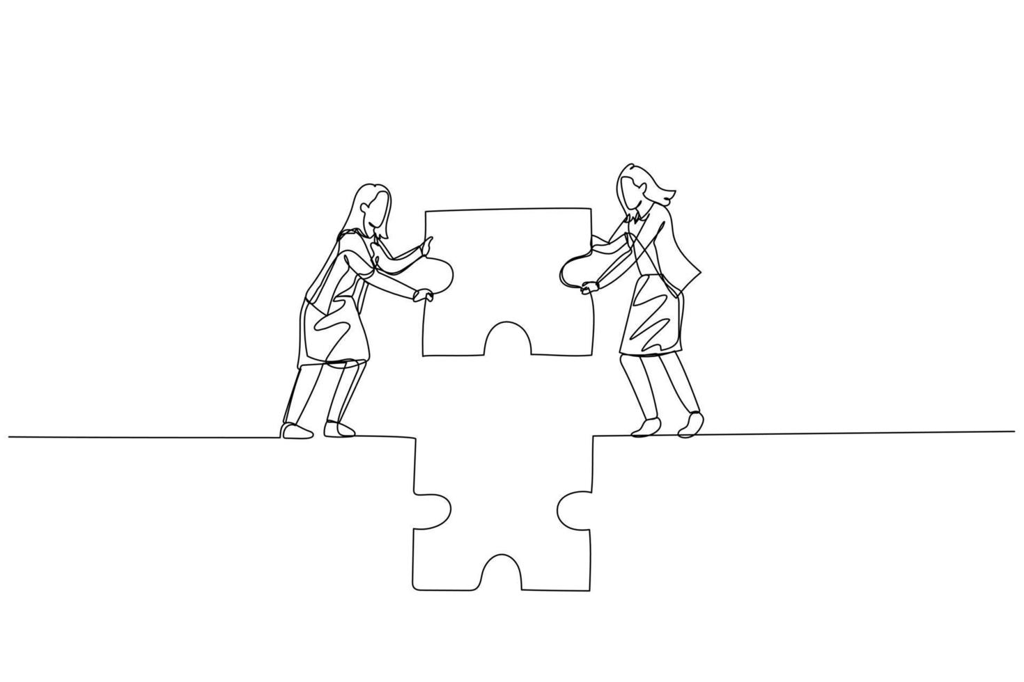 teckning av affärskvinna och partner håll pussel och Prova till göra bro. begrepp av samarbete. ett kontinuerlig linje konst stil vektor