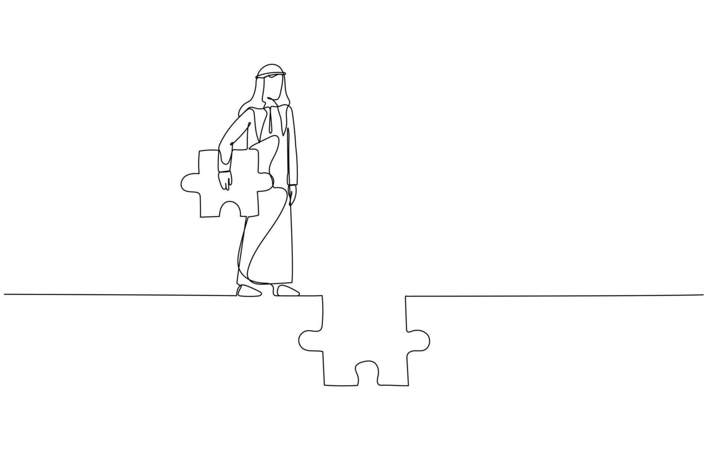 Zeichnung von arabisch Geschäftsmann halten Puzzle Versuchen zu verbinden das Straße. Konzept von Ehrgeiz. Single Linie Kunst Stil vektor