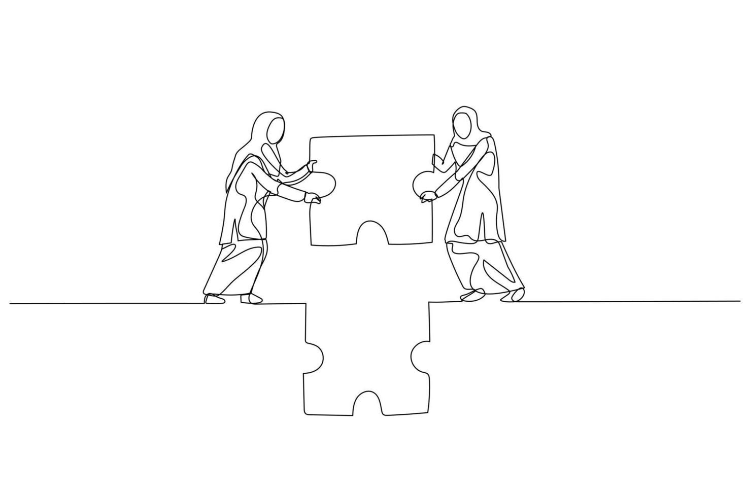 tecknad serie av muslim kvinna och partner håll pussel och Prova till göra bro. begrepp av samarbete. enda kontinuerlig linje konst stil vektor