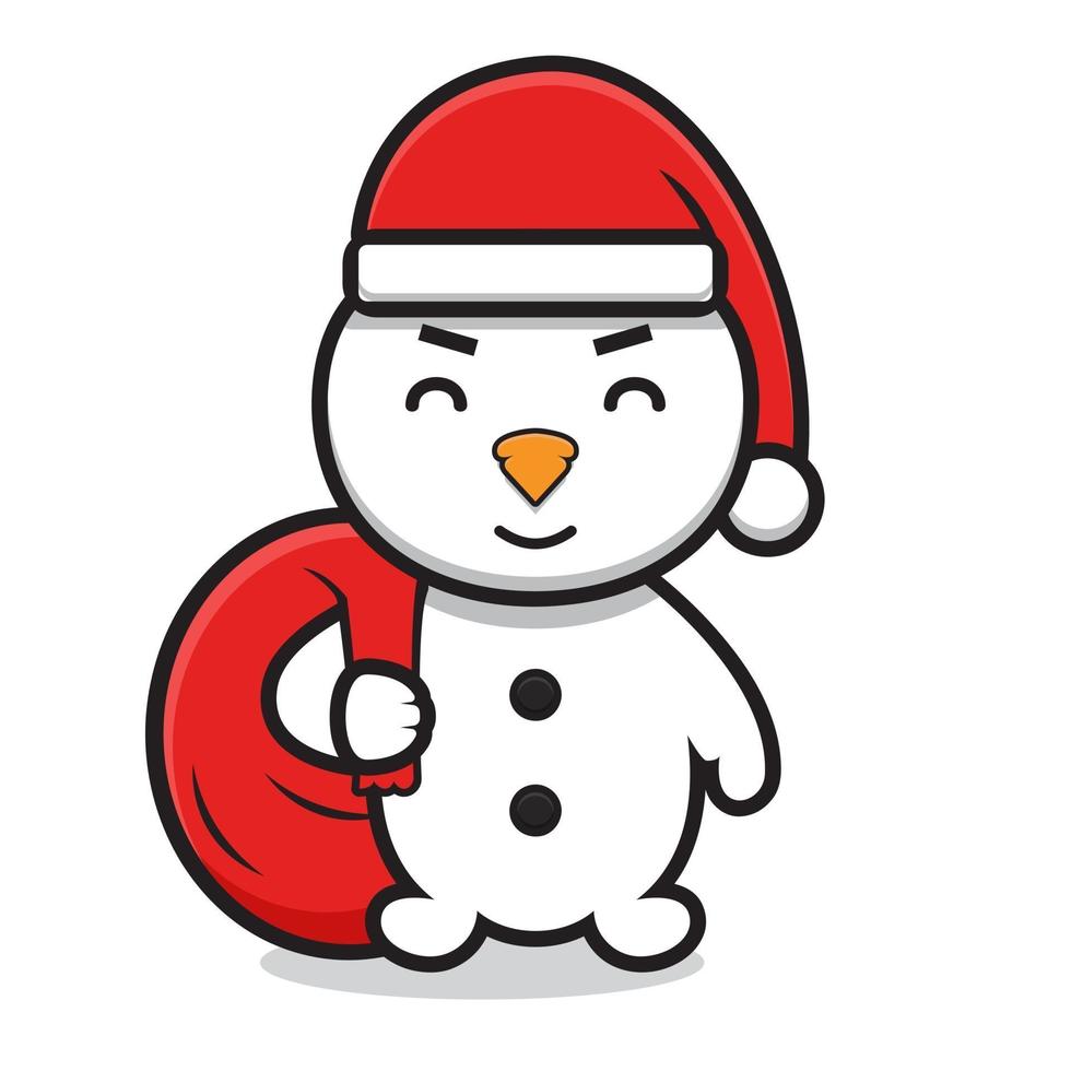 niedliche Schneemann-Zeichentrickfigur, die Weihnachtsmannhut trägt und Tasche hält vektor