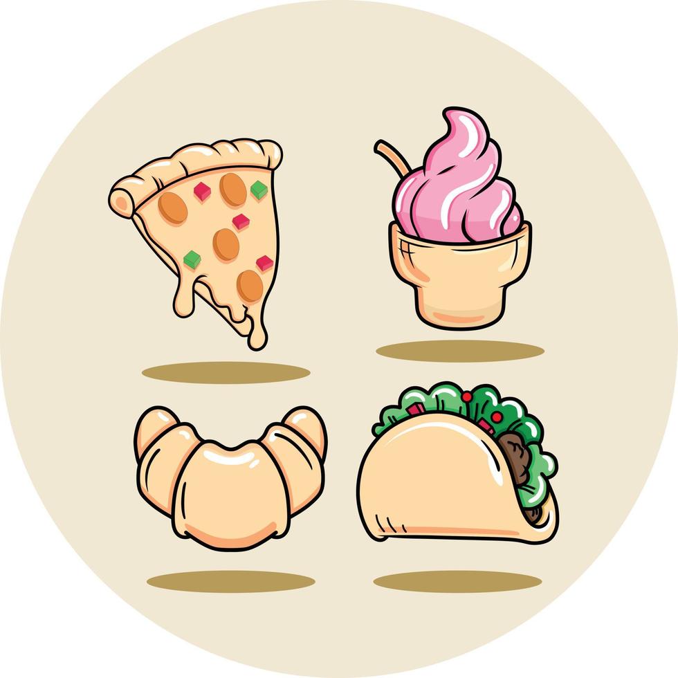 Vektor Abbildungen von Pizza, Eis Creme, Pastell- Kebabs sind Bilder gemacht mit Vektor Grafik Design Software Das veranschaulichen verschiedene Typen. diese Illustration ist in der Regel benutzt zum Marketing Zwecke