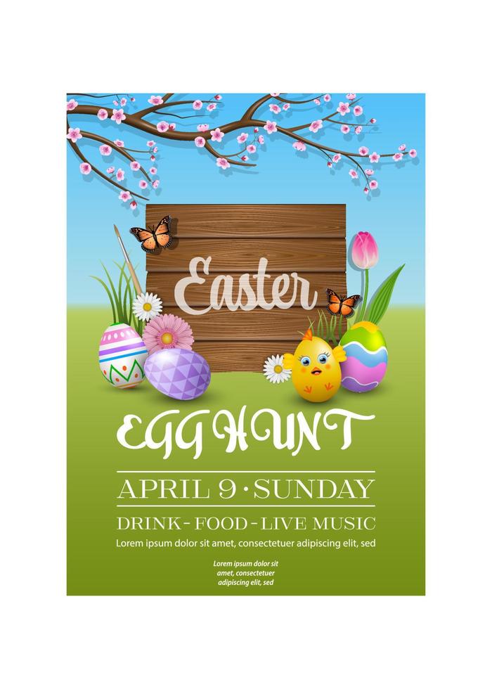 Ostern Poster mit hölzern Schild und bunt Eier auf Frühling Hintergrund. Ei jagen Flyer mit Blumen und Ostern Eier vektor