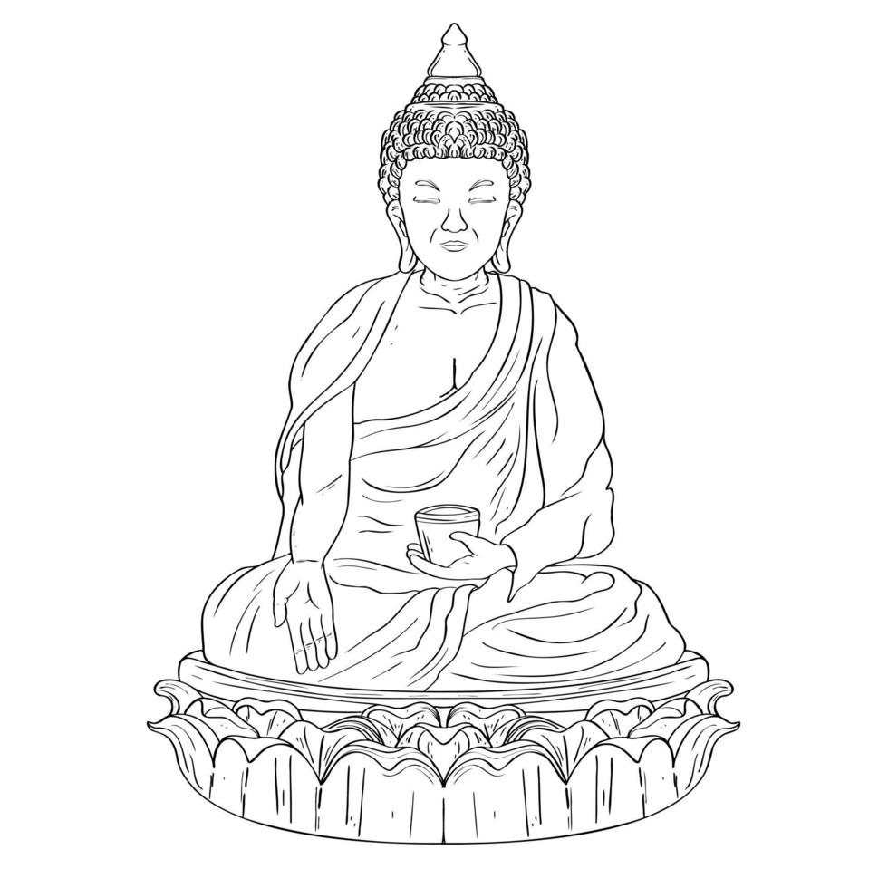 Buddha Linie dekorativ Gliederung Zeichnung. skizzieren von ein Sitzung oder meditieren Buddha Statue vektor