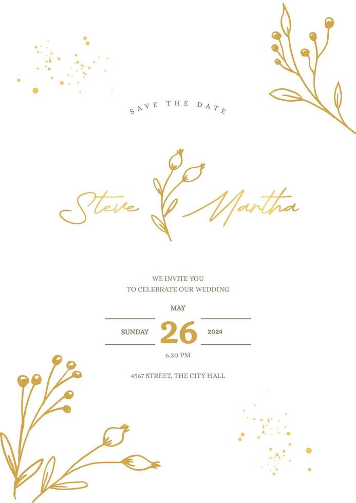 minimalistisch Hochzeit Einladung Vorlage mit Gold Hand gezeichnet Blumen- vektor
