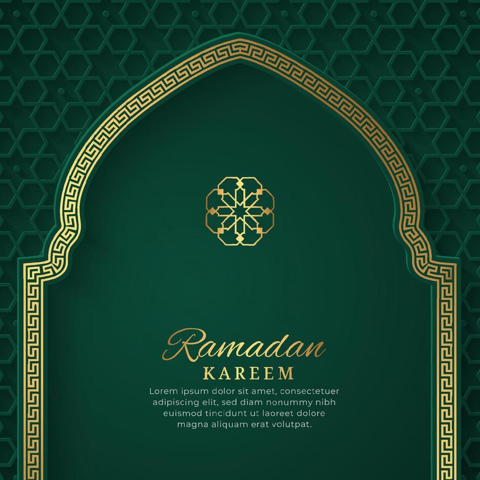 ramadan kareem islamic båge grön och gyllene lyx dekorativ bakgrund med islamic mönster vektor