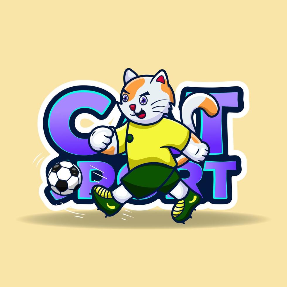katt maskot sparkar en boll. vektor illustration av en sportslig katt.