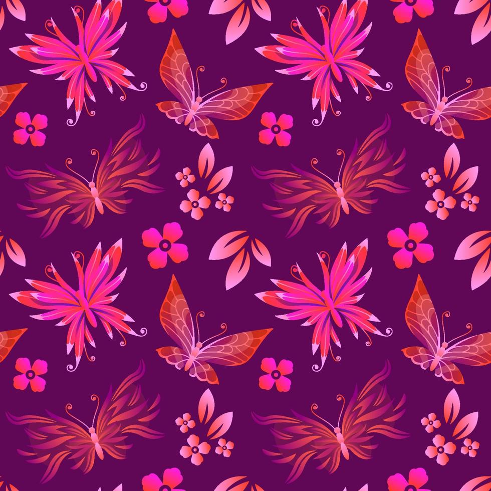 abstrakt sömlös mönster med fjärilar, blommor och löv vektor