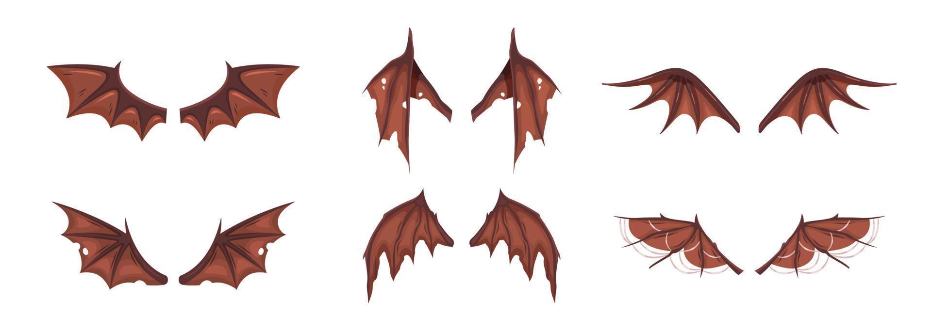 uppsättning av demonisk, drakar eller fladdermus vingar. platt tecknad serie vektor illustration.