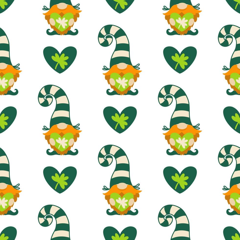 st. Patricks dag sömlös vektor mönster. en gnome med en röd skägg, i en randig strumpa keps innehar en hjärta i hans händer. irländsk klöver blad, vitklöver för Bra tur. tecknad serie bakgrund för kort, webb