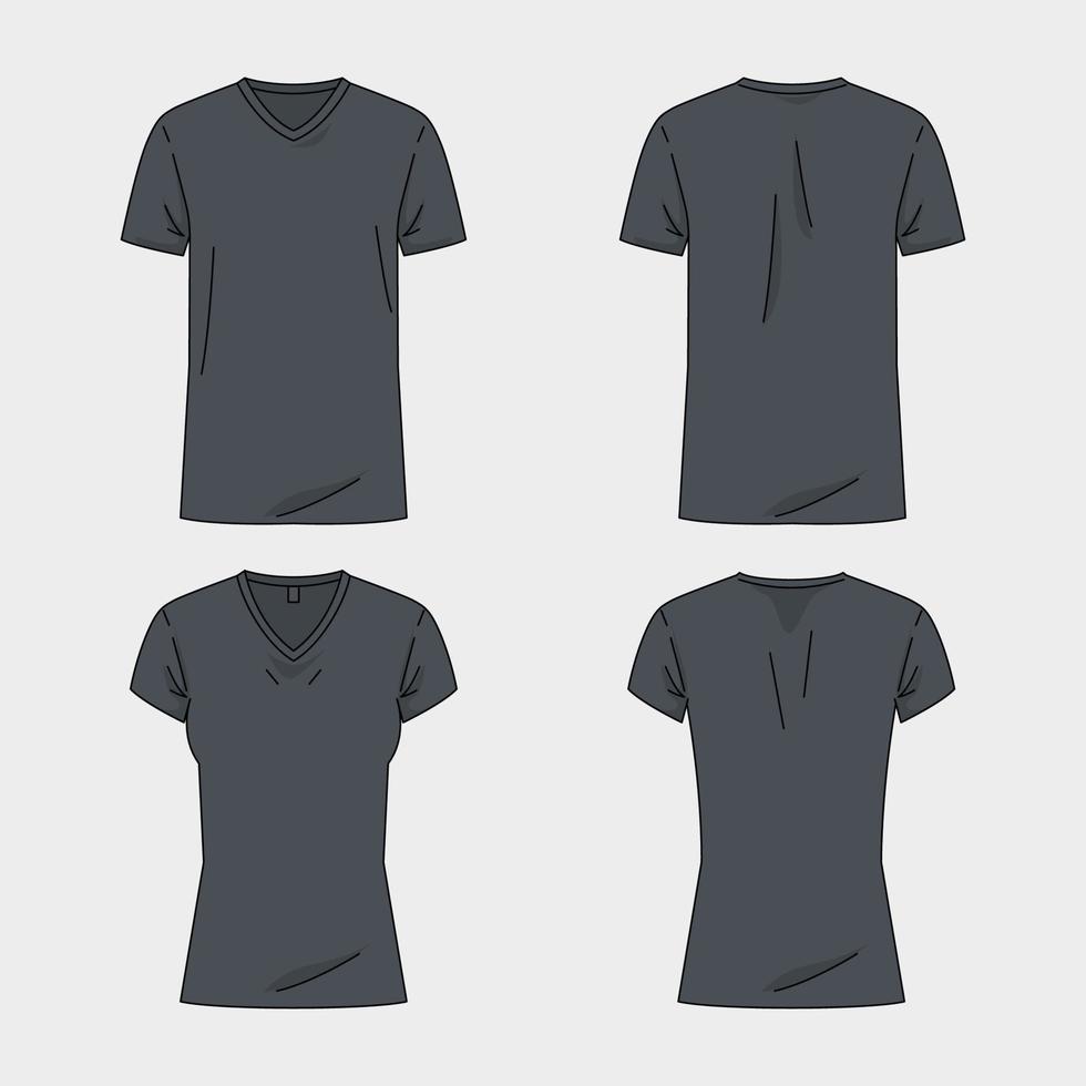 översikt svart t-shirt mocku upp med v-ringning vektor