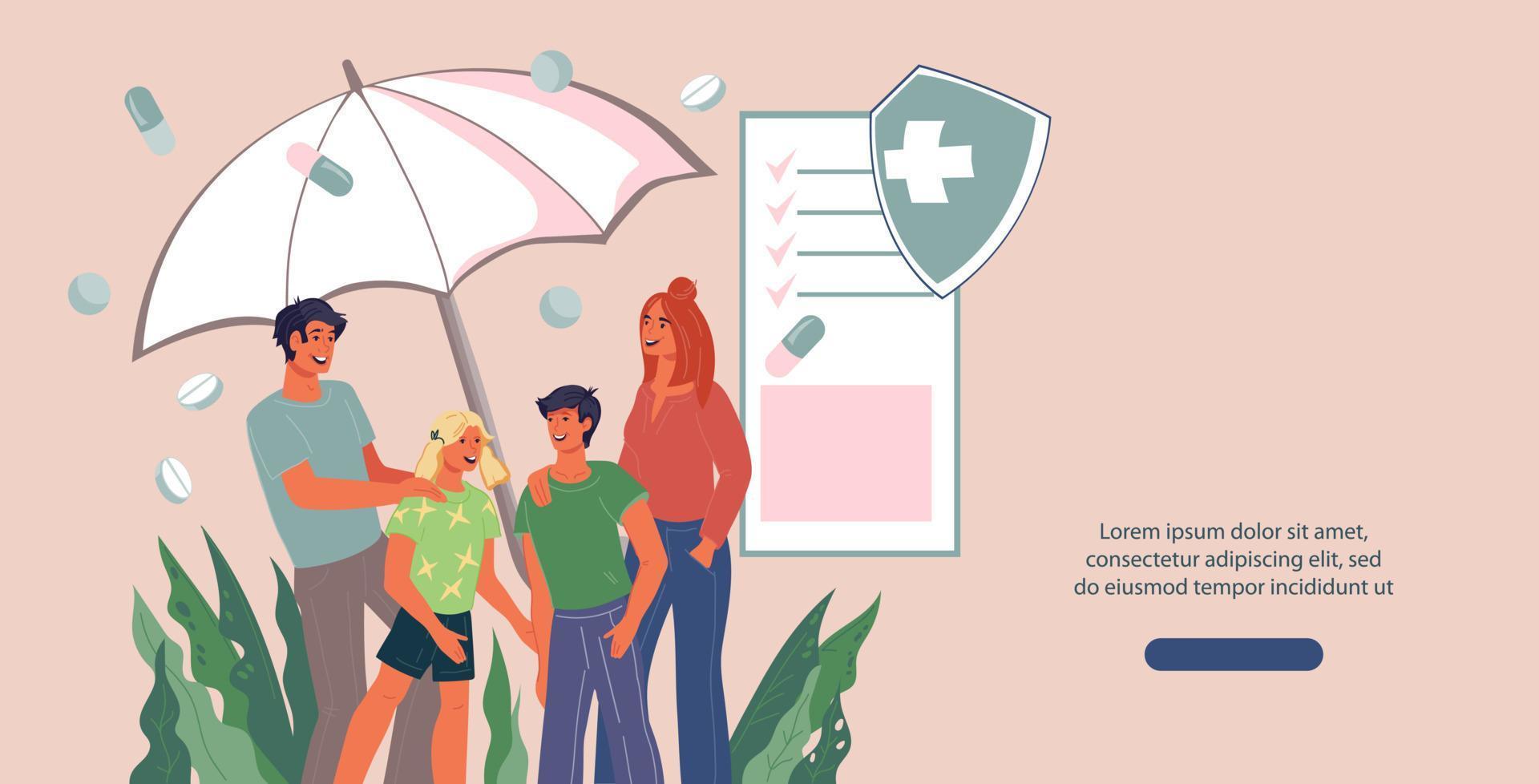 familj hälsa vård webb baner mall med tecknad serie tecken av föräldrar och barn. hemsida gränssnitt för sjukvård medicinsk försäkring, platt vektor illustration.